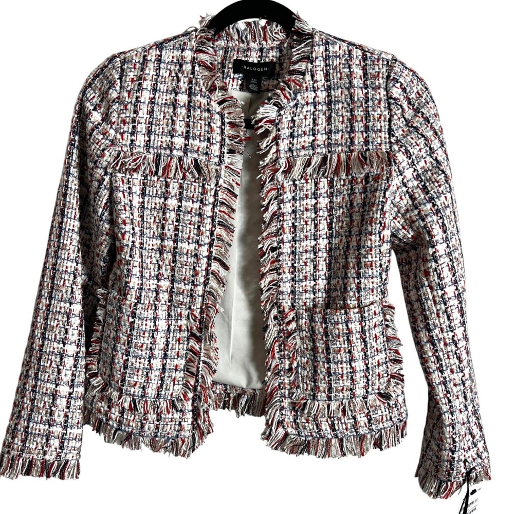 Halogen Tweed Blazer Jacket Size XXS Open Front Fringe Detail Crew Neck NEW‎
